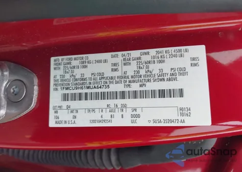 2021 Ford Escape Sel z USA, uszkodzony, nr VIN 1FMCU9H61MUA64735